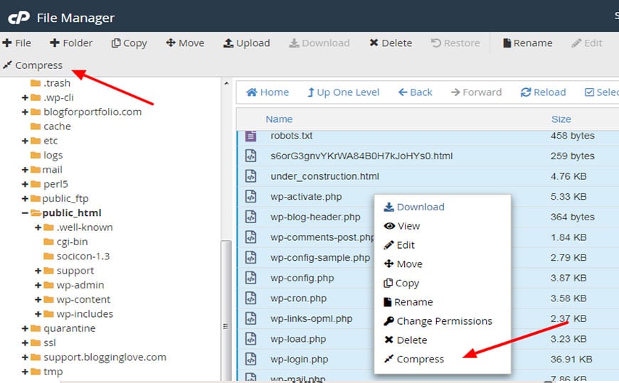 compress files in cpanel